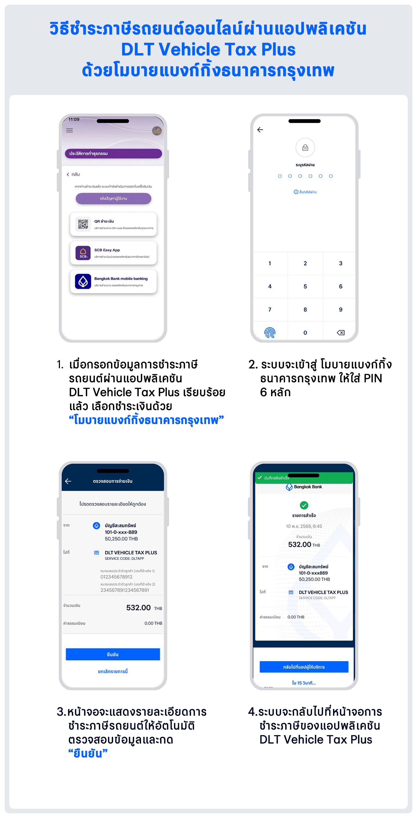 วิธีชำระภาษีรถยนต์ออนไลน์ผ่านแอปพลิเคชัน DLT Vehicle Tax Plus ด้วยโมบายแบงก์กิ้งธนาคารกรุงเทพ