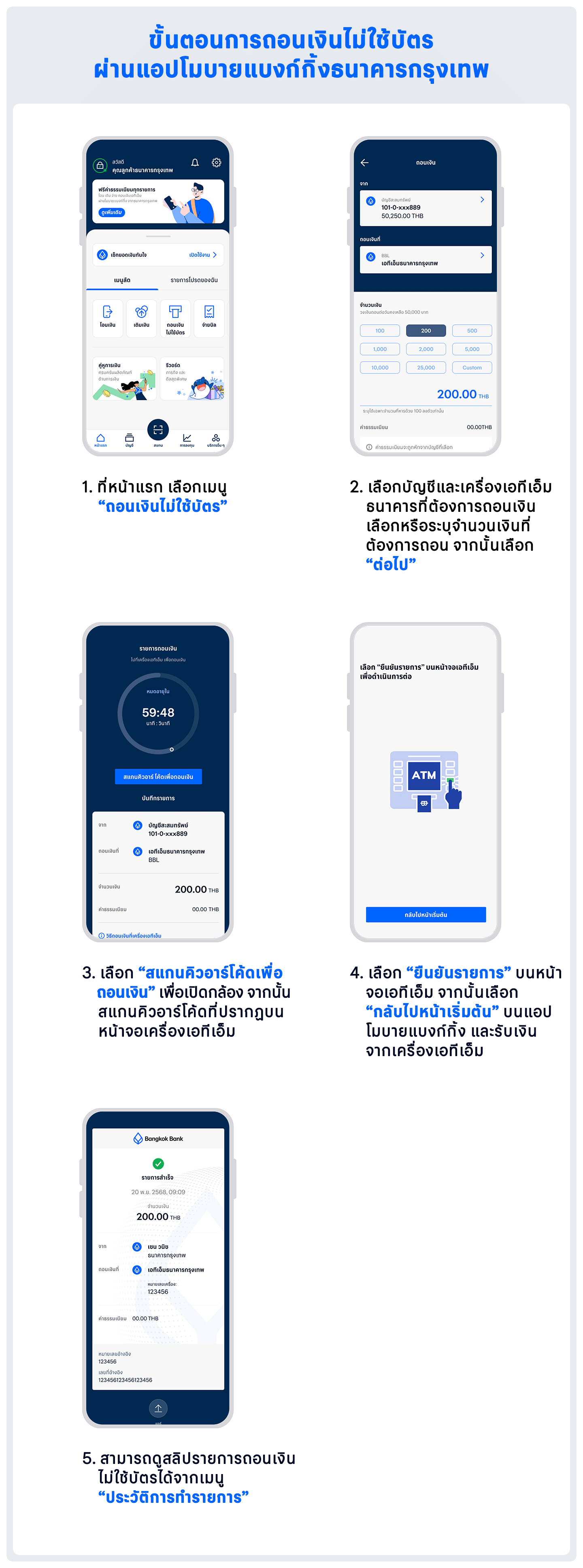 ขั้นตอนการถอนเงินไม่ใช้บัตร ผ่านแอปโมบายแบงก์กิ้งธนาคารกรุงเทพ