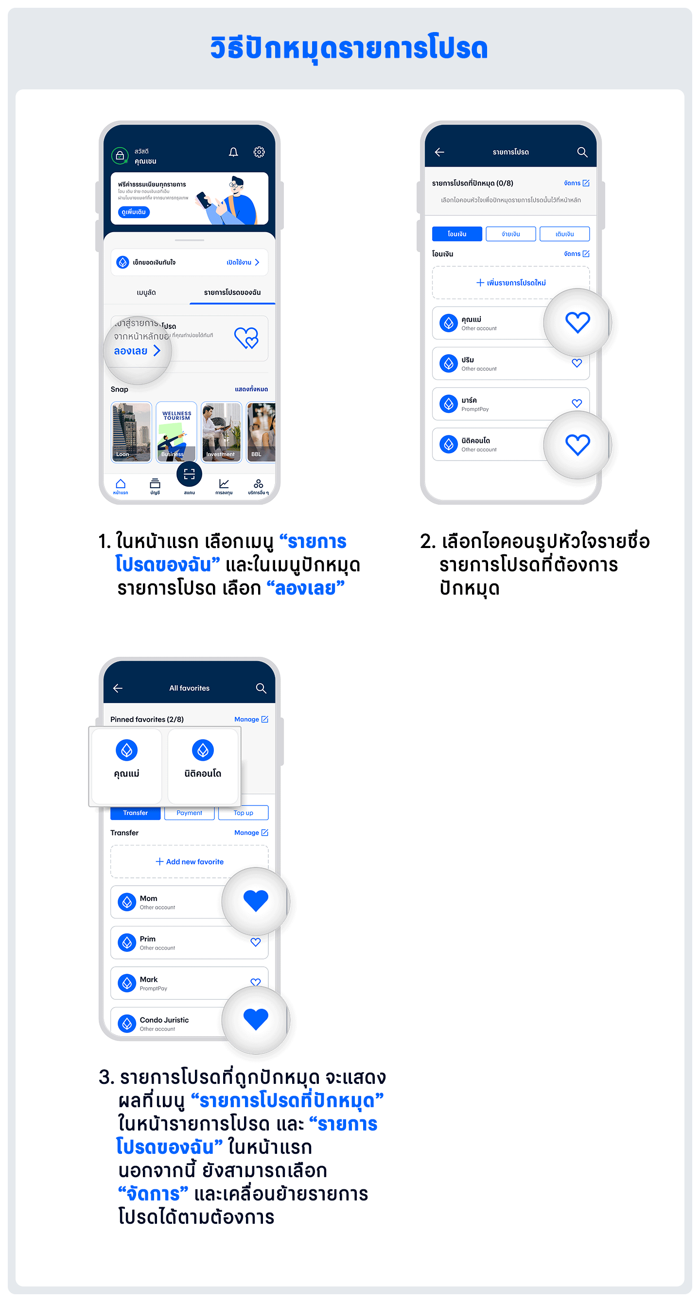 วิธีปักหมุดรายการโปรด โมบายแบงก์กิ้งธนาคารกรุงเทพ