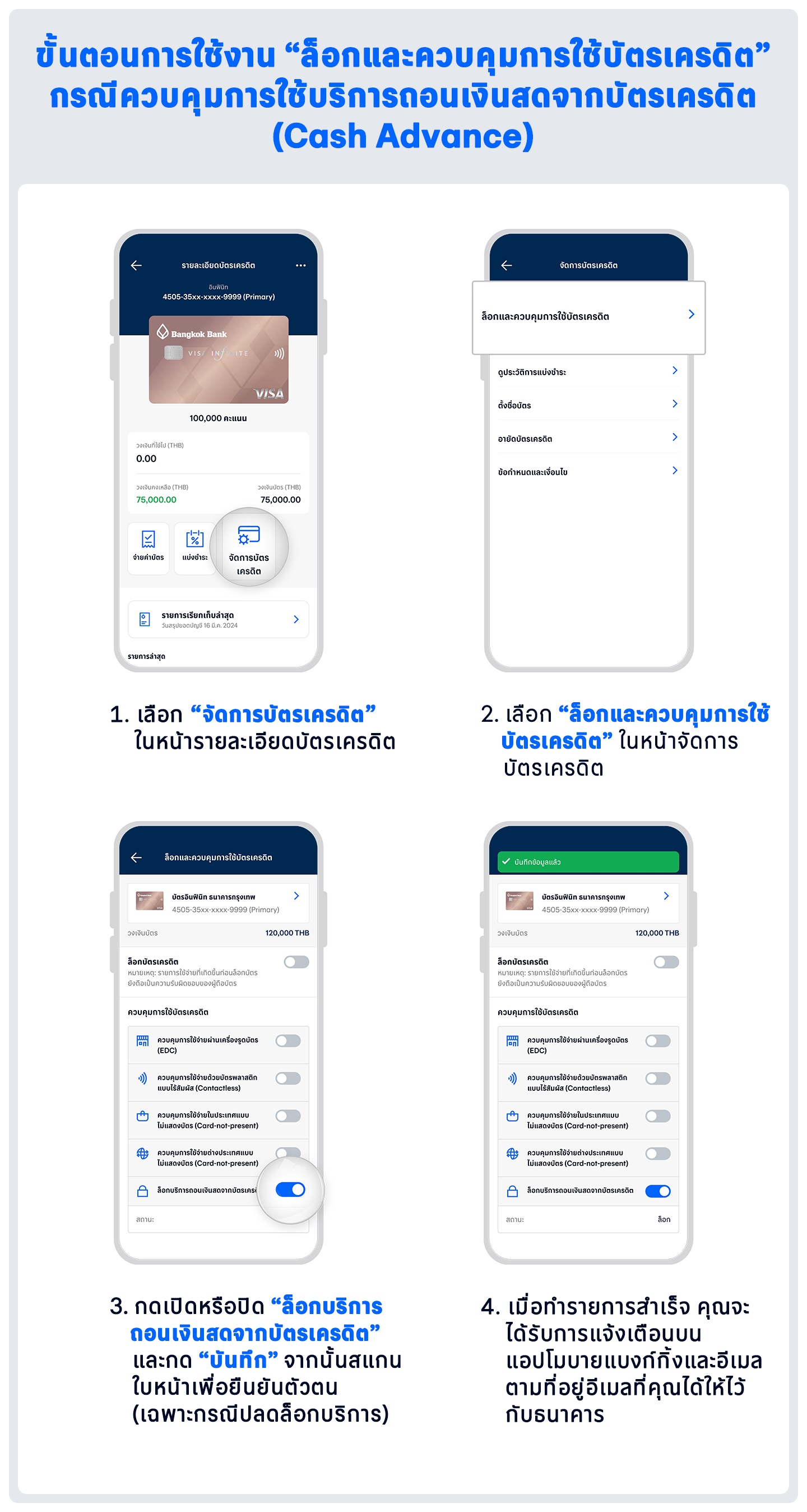 ขั้นตอนการใช้งาน “ล็อกและควบคุมการใช้บัตรเครดิต” กรณีควบคุมการใช้บริการถอนเงินสดจากบัตรเครดิต (Cash Advance)