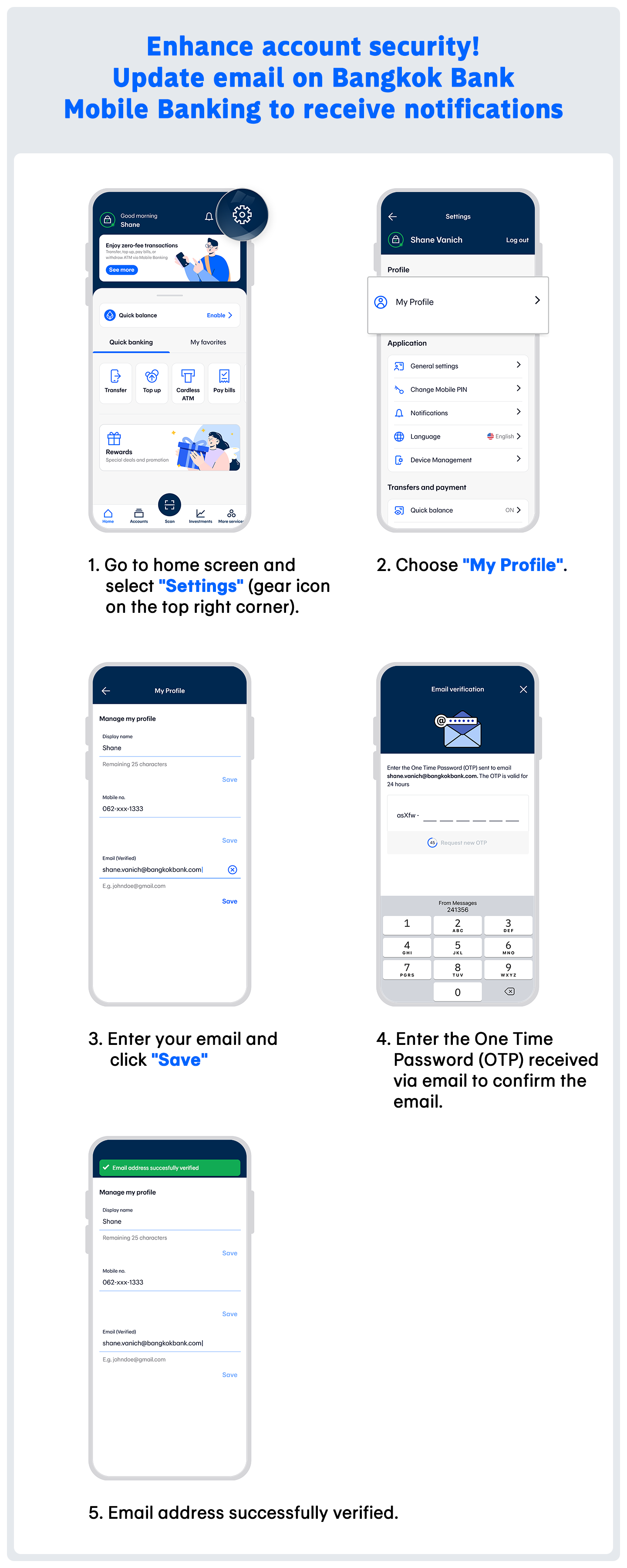 Update email on Bangkok Bank Mobile Banking to receive notifications