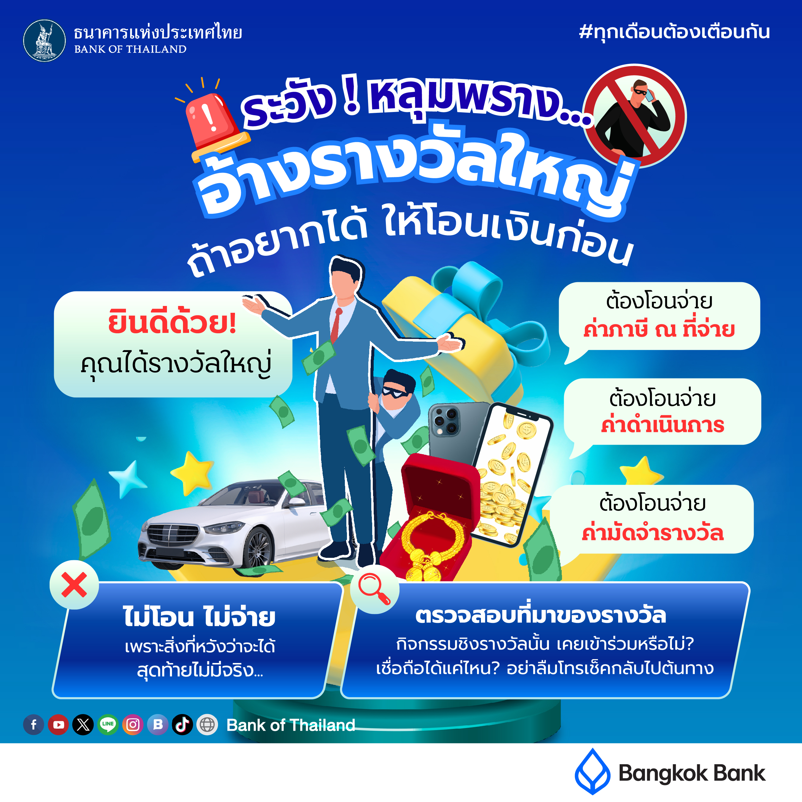 ธนาคารแห่งประเทศไทย เตือนระวังหลุมพราง อ้างรางวัลใหญ่ ถ้าอยากได้ ให้โอนเงินก่อน